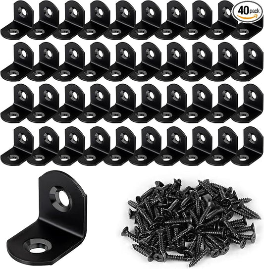 40 Pcs L Bracket Stainless Steel Corner Brace Sets, 90 Degree Right Angle Brackets with 80 Pcs Screws, L Bracket Firmware for Wooden Shelves, Chairs, Tables, Dressers, Furniture (Black)