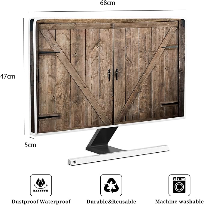 Retro Wooden Gate Waterproof 26, 27, 28 Inch Anti-Static Dustproof LCD/LED/HD Old Barn Door Monitor Dust Cover Protective Sleeve for iMac 27 inch, 26-29 inch PC, Desktop Computer and TV