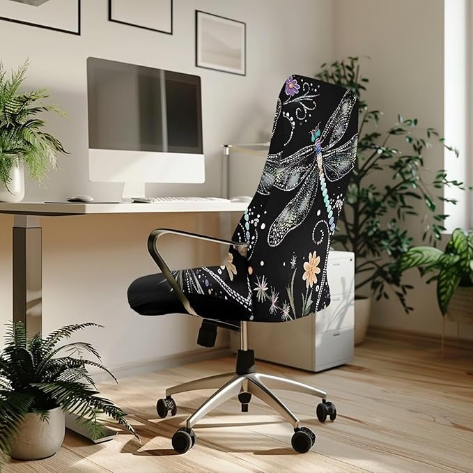 Talayituse Dragonfly Daisy Print Office Chair Cover Rolling Desk Chair Cover Gaming Chair Covers Stretch Washable Computer Chair Slipcovers for Swivel Chair Armchair Computer Boss Chair, L