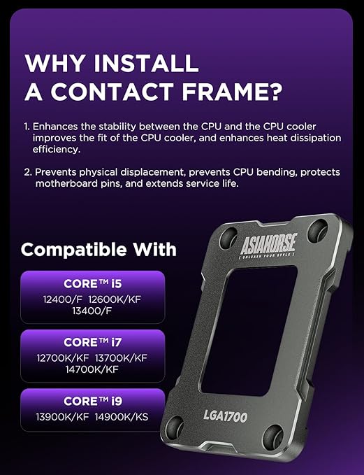 AsiaHorse LGA 1700 CPU Contact Frame, 100% Flush Anti-Bending Secure Frame for Intel CPU, High-Strength Metal Construction Compatible with H610/B660/Z690/Z790 Motherboards, Enhances Cooling Efficiency