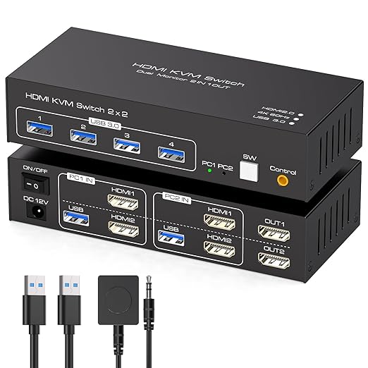 HDMI KVM Switch 2 Monitors 2 Computers Support 4K@60Hz USB 3.0 KVM Switches Share Dual Monitors and 4 USB 3.0 Ports Support Extended/Copy Mode with DC 12V Adapter&Wired Controller
