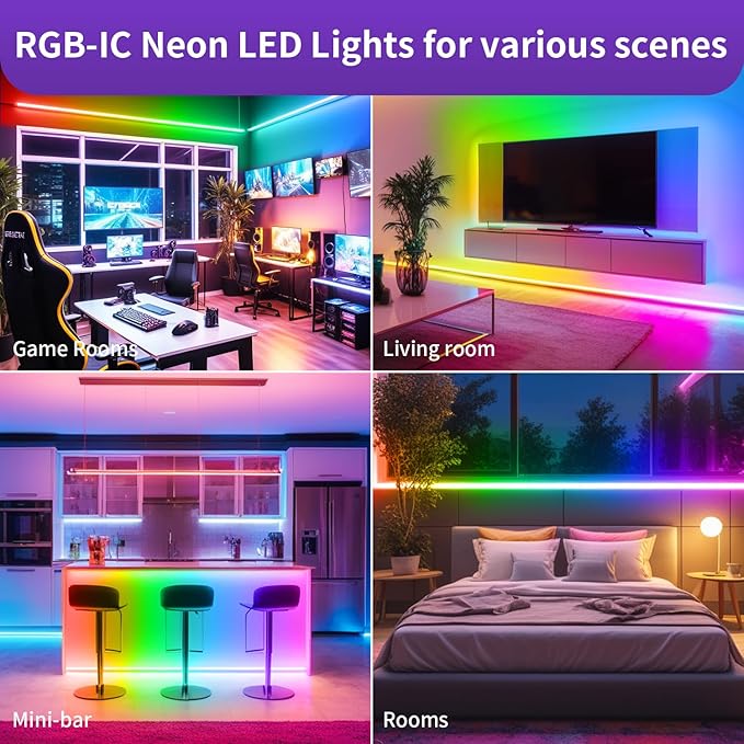 6.56FT/2M Smart IC USB Neon LED Strip Light, LED Light Strip with APP/Remote Control, Color Changing, Music Sync, Waterproof Flexible Lights Strip for Bedroom, TV Backlight, Ceiling Wall