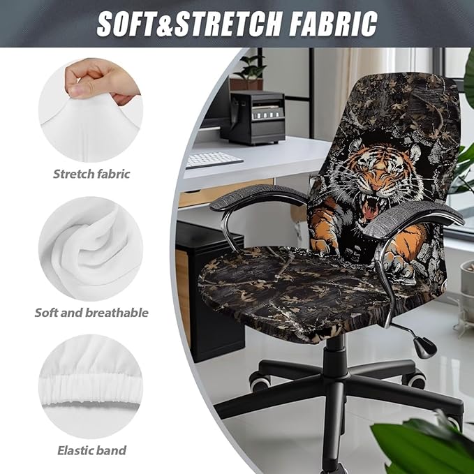 Talayituse Tiger Camo Print Water Resistant Stretch Computer Office Chair Cover Universal Removable Rotating Boss Chair Slipcovers Anti-dust Soft Desk Chair Seat Protector for Dogs Cats Pets, L