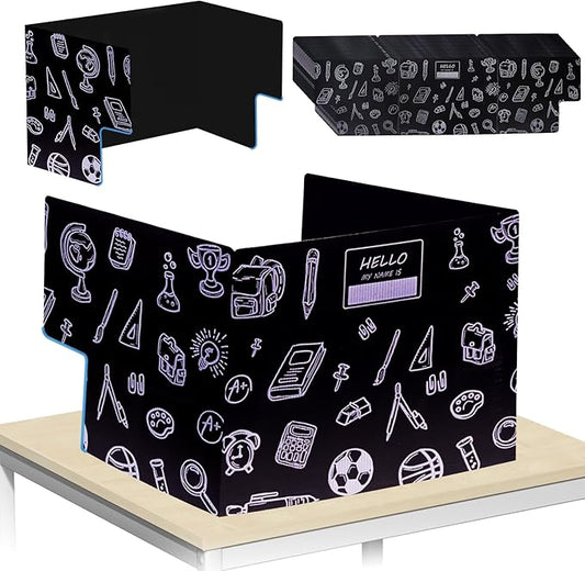 25-Pack Desk Dividers for Students with Privacy Shields, Ergonomic Arms Cutouts & Erasable Name Frames - Waterproof & Easy-to-Clean Test Dividers for Classroom, Exams, Office (Black)