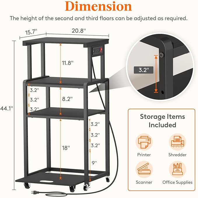 Lifewit 4 Tier Printer Stand with 3 Power Outlets, Wheels and Adjustable Storage Shelf for Home Office, Rolling Printer Cart for Shredder, Scanner, Fax, Hold 340lbs, Black