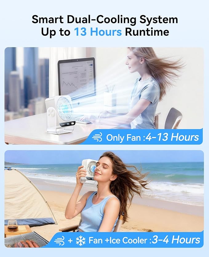 KIMMOO USB Desk Fan for Bedroom, 199 Speeds Turbo Airflow, Portable Fan with Ice Cooling, Digital Display Quiet Table Fan, 270° Rotating Small Rechargeable Battery Desktop Fans for Home Office (White)