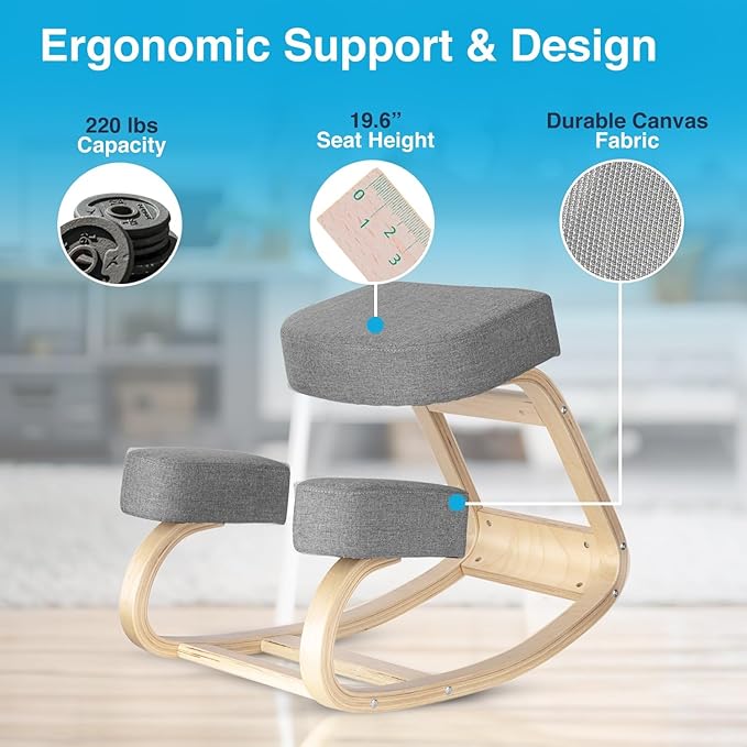 Desky Ergonomic Grey Kneeling Chair – Adjustable Wooden Frame with Cushioned Seat and Knee Pads, Natural Finish, Home Office & Study Support