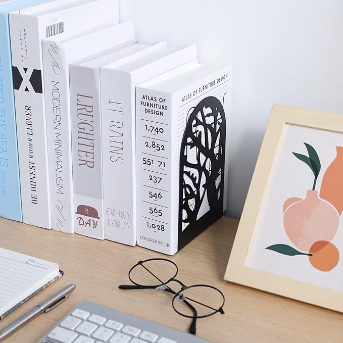 EOOUT Bookends for Shelves Decorative, 5 Pairs of Tree Bookends Supports, Black Metal Book Stoppers for Heavy Books, Heavy Duty Book Ends for Home Office School.