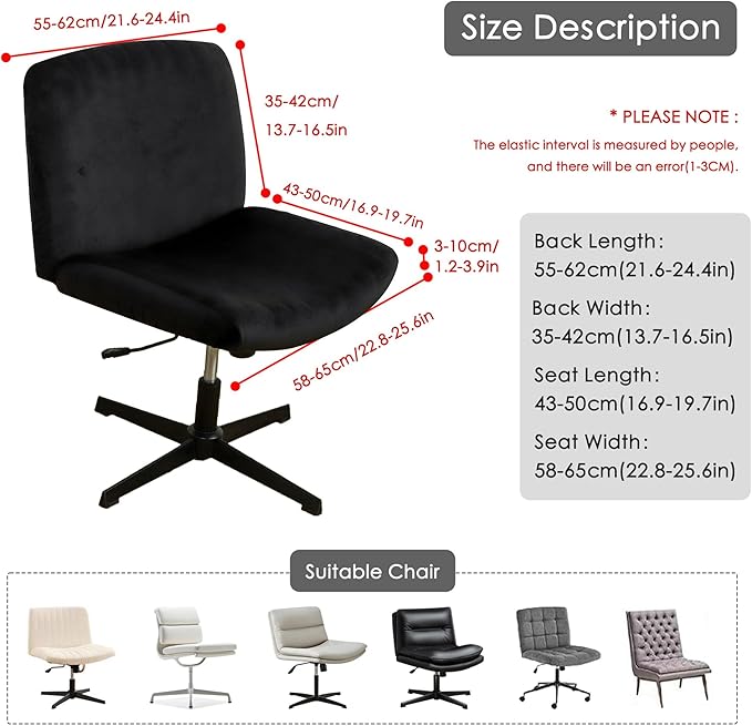 Black Criss Cross Office Desk Chair Cover Velvet Stretch Wide Armless Vanity Make-up Chair Slipcover 1 Piece Washable