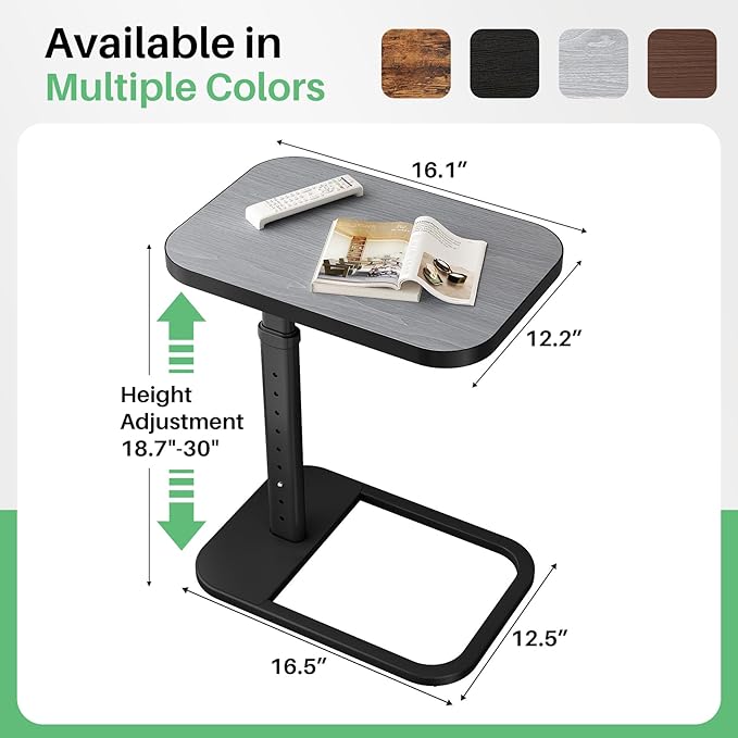 Kitstorack Adjustable Height C-Shaped End Table, 9-Level Side Table with Metal Rounded Edge, Couch Table that Slides Under Sofa or Bed, Eating, Working, and Drinks, TV Tray for Small Space, Dark Gray