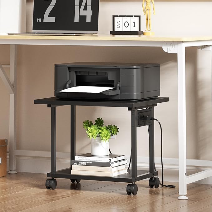 Asgolion Printer Table, 2-Tier Under Desk Printer Stand with Charging Station, Printer Stand with Wheels, PrinterShelf for Small Spaces, Printer Cart for Home Office Black