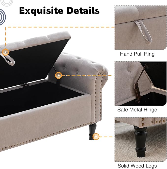 67'' End of Bed Bench King Size, Storage Bench for Bedroom End of Bed, Upholstered Tufted Storage Ottoman Benches with Arms for Living Room, Entryway, Windows, Light Grey
