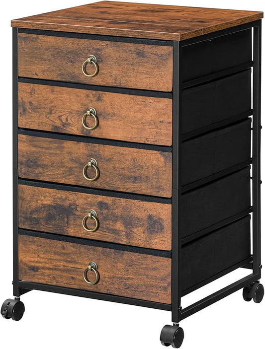 HOOBRO 5-Drawer Chest, File Cabinet, Office Cabinet with Drawers, Rolling Printer Stand for Living Room, Home Office, Nonwovens Drawer, Easy Assembly, Rustic Brown BF50WJ01