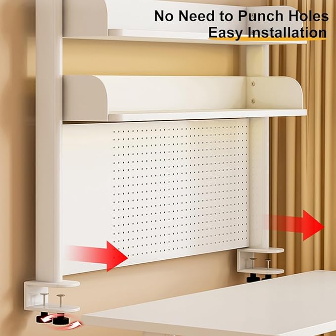 Clamp On Desk Shelf Pegboard Stand Desk Back Panel, White Desktop Bookshelf Storage Shelves, Space Saving Tabletop Display Rack Organization(80 * 95cm)