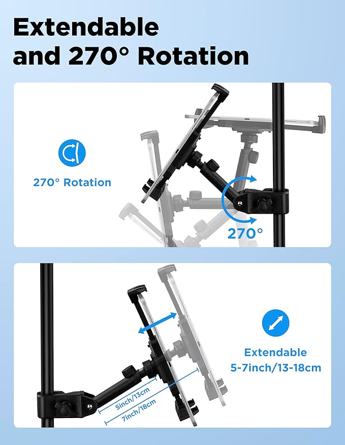 LZSIG Tablet Holder for Mic Stand, Adjustable iPad iPhone Mount for Music Stand - Compatible with Kindle/Android/Smartphones, Fits 4.7 to 13.5-inch Devices