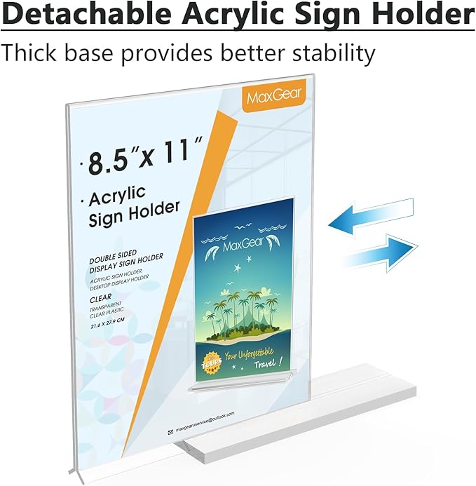 MaxGear Acrylic Sign Holder 8.5x11 Inches 2 Pack, Double Sided Clear Display Stand Table Top Paper Holder, Vertical Menu Flyer Stand, Plastic Frame for Stores, Restaurants, Hotels, Office