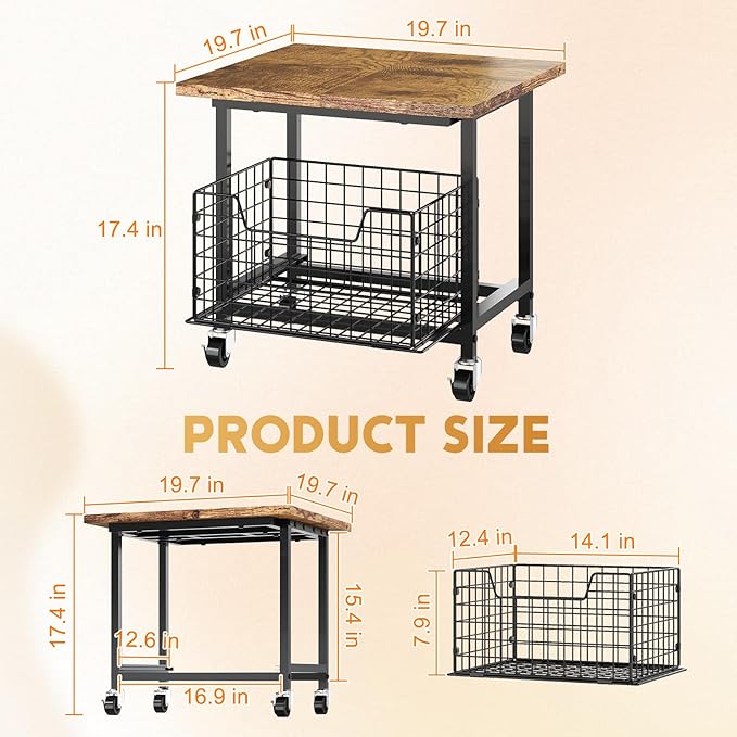Mini Fridge Stand with Storage, Small Refrigerator Stand with Wheels, Mini Fridge Cabinet-Max Load 300 LBS Heavy Microwave Printer Stand Mini Fridge Cart for Dorm, Apartment, Kitchen, Office (Brown)