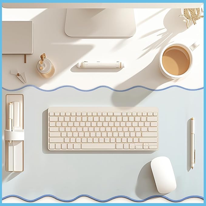 Hahafelt Scalloped Desk Mat Large Scalloped Piping Cute Desk Mat Aesthetic Preppy Table Pad Large Nonslip Pad with Edge Stitching Waterproof Gaming(Blue,36 x 17 Inches)