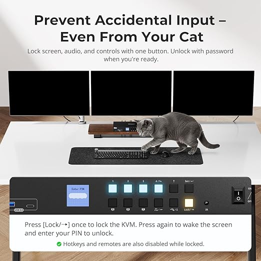 TESmart USB 3.0 HDMI KVM Switch 3 Monitors 4 Computers 4K@60Hz, Headset, Audio&Microphone, EDID emulators, Hotkey Switch, Wired Network, Rack-Ears, 4 Port Triple Monitor KVM Switch with All Cables