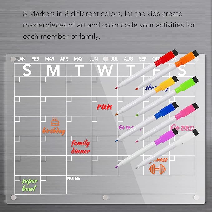 Neatsure Acrylic Magnetic Dry Erase Board Calendar for Fridge, Clear Monthly and Weekly Planner Whiteboard for Refrigerator, w/ 8 Colors Markers, 15"x11"