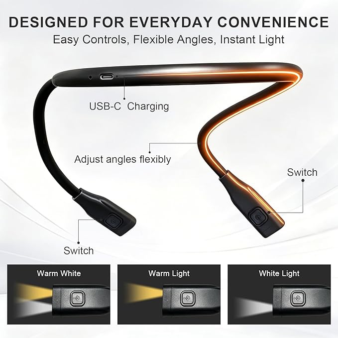 Book Light, 3-Color Reading Light, Lightweight 3.67 oz Bendable Neck Light, Rechargeable Lamp, Perfect for Reading in Bed, Knitting, Camping, Black