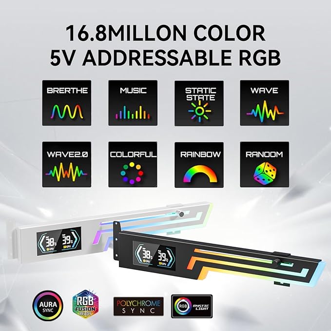 ARGB GPU Support Bracket with CPU & GPU Temp Display, Universal Graphics Card Support, Multi Angle Adjustable GPU Sag Bracket for Video Cards, GPU Stand Built-in 5V3PIN Addressable RGB Strip