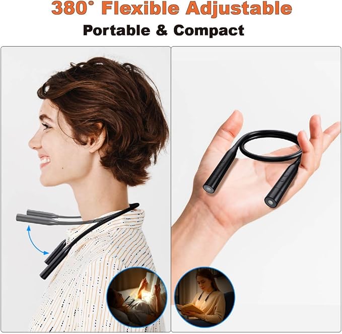 2 PCS LED Neck Reading Lights, 3 Color & 3 Brightness Options, 380° Adjustable Rechargeable Reading Lights for Books in Bed, Black Book Accessories, Ideal for Reading, Knitting, Repairing
