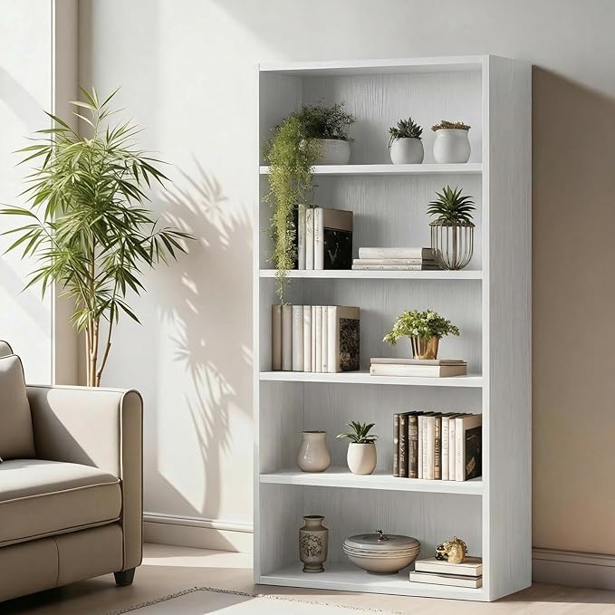 Sweetcrispy Industrial 5 Shelf Bookcase - Large 53 Inch Tall Floor Standing Open Bookshelf for Home Office, Living Room, and Bedroom Storage, Classic White
