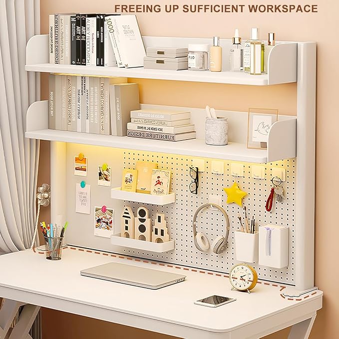 Clamp on Desk Shelf with Pegboard, Desktop Organization Bookshelf Storage Shelves for Home Office Dorm Gaming Desk, Space Saving Tabletop Display Rack