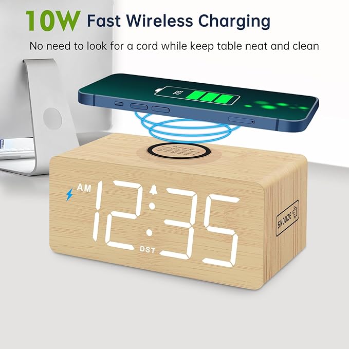 DreamSky Wooden Digital Alarm Clock with Wireless Charging for Bedroom, Bedside Nightstand Clock with Charger Station, USB Port, Large Numbers, Adjustable Volume, Brightness Dimmer, DST