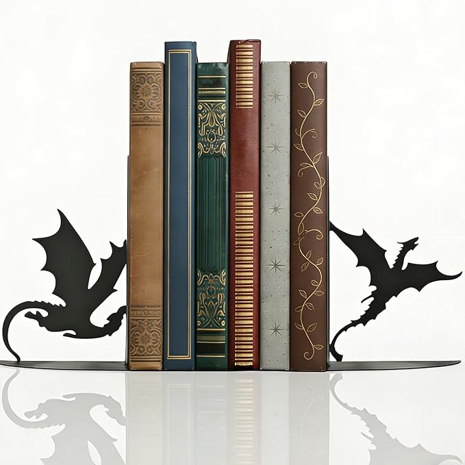 Dragon Metal Bookends for Shelves, Gothic Black Metal Decorative Book Ends, Heavy Duty Rustproof Book Stoppers for Home Office & Study Desk, Ideal Gift for Dragon Lovers & Book Lovers