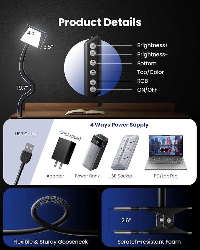 Clip on Light, Reading Light for Bed, RGB Lamp, Dimmable Desk Lamp with Clamp, College Dorm Room Essentials, Cute Bedside Night Light for Kids Headboard, Adapter Included Black