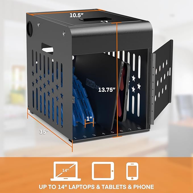 8 Tablet Charging Station Lock Box - Fits 14" Screen, Steel Case & Lockable Door,2 Keys Included - for Chromebook,ipads,Laptop and Tablets - Ideal for Offices, Classrooms and Hospitals(Black)