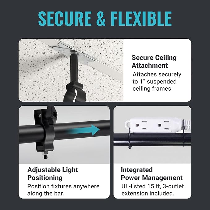 ALZO Suspended Drop Ceiling Mount Light Bar – 6 Ft Aluminum DJ & Stage Light Mounting Bar for T-Bar Grid Ceilings – 40 lb Capacity, 3 Adjustable Mounting Clips, 15 ft 3-Outlet Power Cord – White