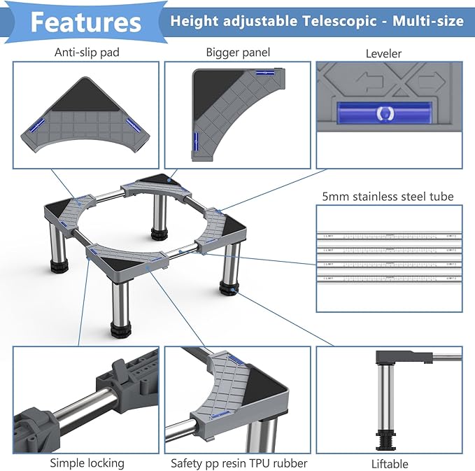 Mini Fridge Stand with 4 Strong Feet Washing Machine Stand Base Adjustable Universal Stand Base for Portable Refrigerator Dryer Stand Laundry Pedestal Appliance 7.9"-9.1" Height(Gray)45-65 cm