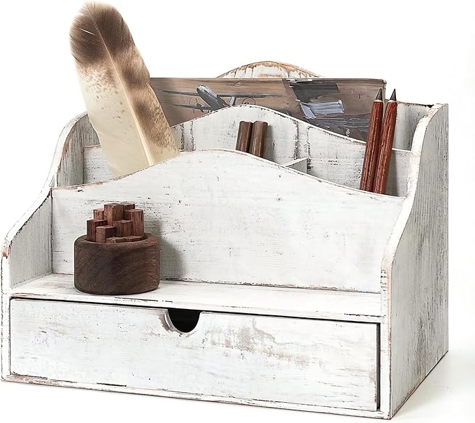 Pine Wooden Mail Organizer for Desk - Retro Farmhouse Mail Holder Countertop with Drawer & Dividers - 4-Slot Letter Holder for File & Office Accessories - Office Organizer for Home Decor (Whitewash)