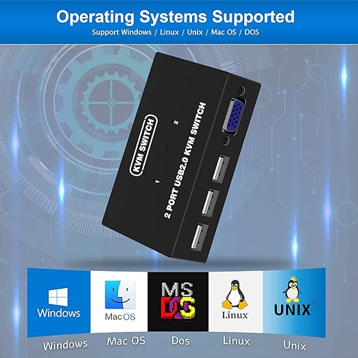 USB VGA KVM Switch for 2 PC Sharing 1 Video Monitor and 3 USB Devices, Keyboard Mouse Scanner Printer, for Laptop PC Windows Mac OS System