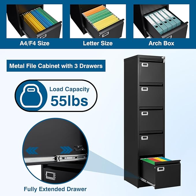 PEUKC 5-Drawer File Cabinet, 16.3" Deep Vertical Metal Filing Cabinet with Lock for Home Office, Anti-Tip 5 Storage Drawers for Letter/Legal/A4/F4 Size (Assemble Required, Black)