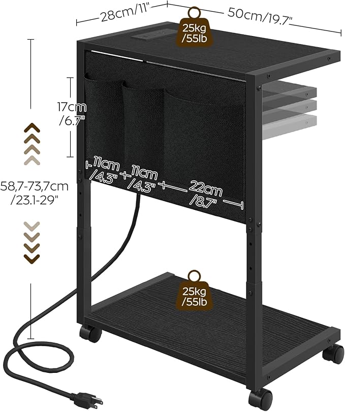 YATINEY PC Stand, Computer Tower Stand with Charging Station, Height Adjustable PC Tower Stand for Floor, 2 Tier Computer Cart On Wheels, 23.1" -29" H,19.7" L x 11" W, for Home Office, Black CJ60BB