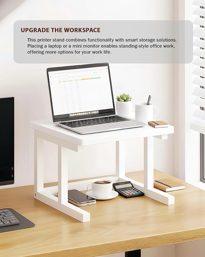Desktop Printer Stand, 15.7″x 15.7″ 2-Tier Large Printer Shelf fit 3D Laser Printer/Scanner/Fax Machine, Industrial Storage Rack for Home Office Storage, White P4040-W
