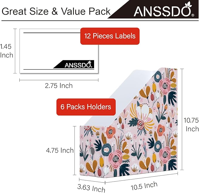 ANSSDO 6 Pack Cardboard Magazine Holder - Premium Magazine File Organizer, Large Volume Storage Box as Book Bins or Folder Holder for Desk - Pink Floral