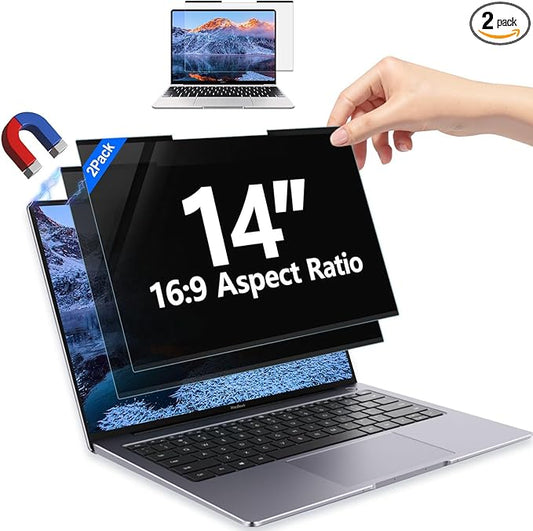 2Pack Magnetic 14 Inch Laptop Privacy Screen 16:9 Aspect Ratio, Removable Anti-Blue/Glare Protector Film, Anti Spy Desktop Security Private Filter 14in