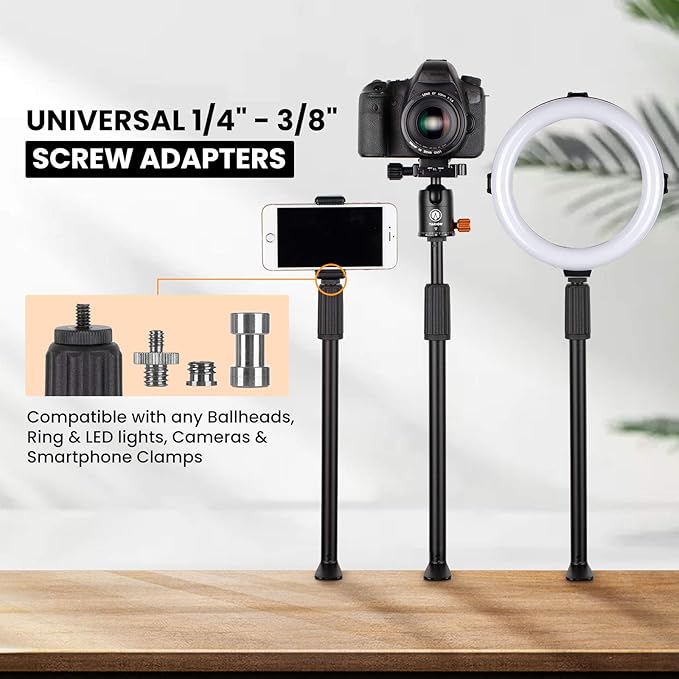 TARION Desktop Light Stand Mount - Adjustable 14 to 25 inch Height - Heavy Duty C Clamp Tabletop Monopod - 1/4 3/8 Screw Adapter for Ring Light Webcam Streaming