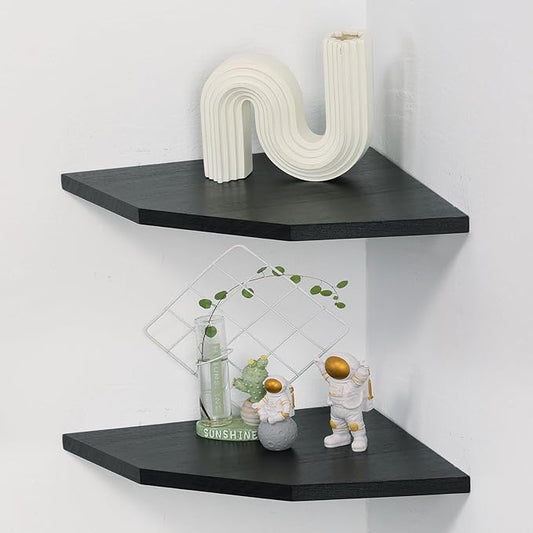 Joiishom Wood Corner Wall Shelves Set of 2, Solid Wood Corner Floating Shelves, Round End Wall Mounted Floating Corner Shelf for Bedroom, Living Room and Kitchen (Black-12 inch)