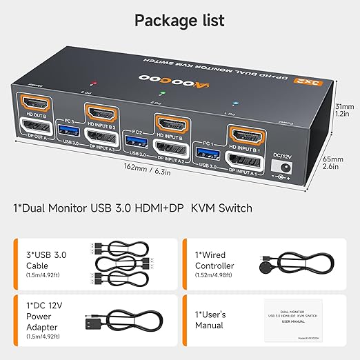 HDMI Displayport KVM Switch 3 Computers 2 Monitors, 8K@60Hz/4K@144Hz Dual Monitor KVM Switch for 3 PCs Share 2 Monitors, with 4 USB3.0 Ports, USB Cables and Power Adapter,Black 13cm HDMI DP KVM