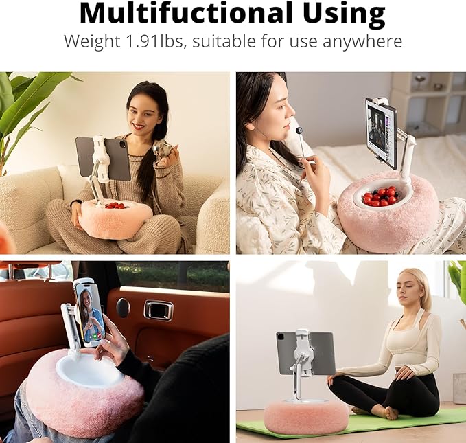 SupeDesk Tablet Pillow Stand for Reading, Adjustable Tablet Stand Phone Holder for Bed with Detachable Snack Bowl, Fits 4.7"-13" Kindle/Phones/Tablets, Watch Videos, Stream Media, Pink