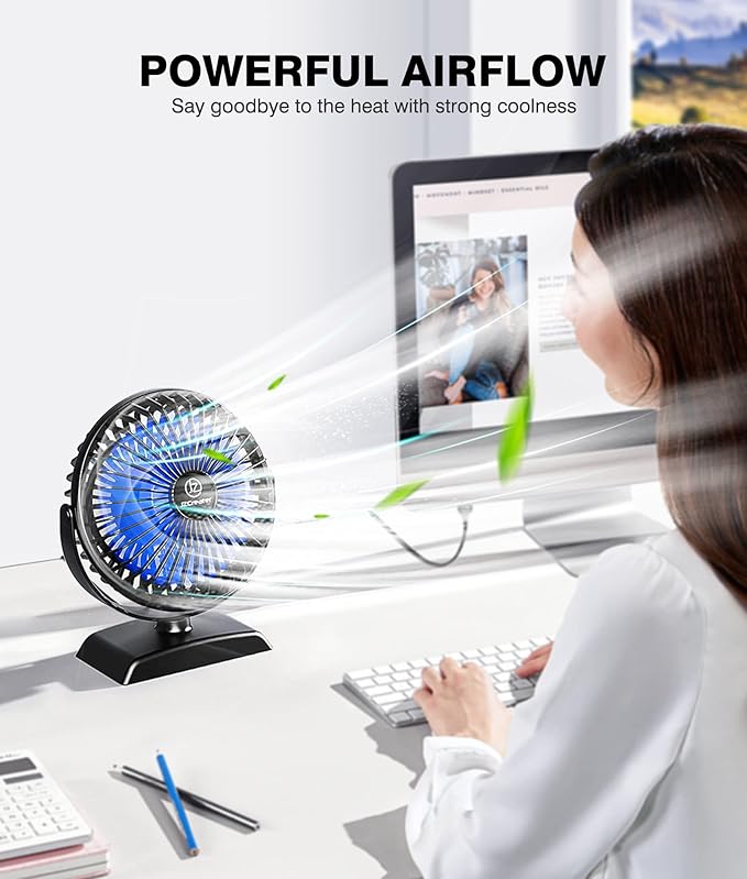 JZCreater USB Desk Fan, 360 Rotation Personal Cooling Fan with 3 Speeds, Quiet, Small, USB Powered for Home, Office, Bedroom, Car, Travel, Black