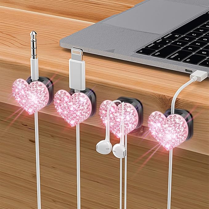 Bling Cord Organizer Holder,Heart Shape Magnetic Cable Clips with Strong Adhesive，Desk Cable Holder & Phone Charging Cords Wire Management for Home,Office,Car,Nightstand (Pink 4 Pack)