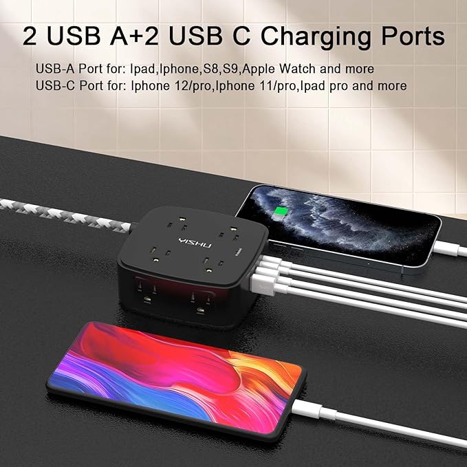 Surge Protector Power Strip - YISHU 8 Outlets with 4 USB (2 USB C) Charging Ports, 10Ft Braided Extension Cord, Flat Plug Multi Plug Outlet Extender Charging Station for Home Office, ETL, Black