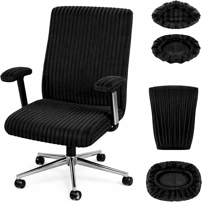 Tegeme Set of 4 Faux Fur Office Chair Covers Set with Armrest Covers, Computer Universal Stretchable Chair Seat Protector Washable Jacquard Computer Seat Slipcovers for Home Office (Black)